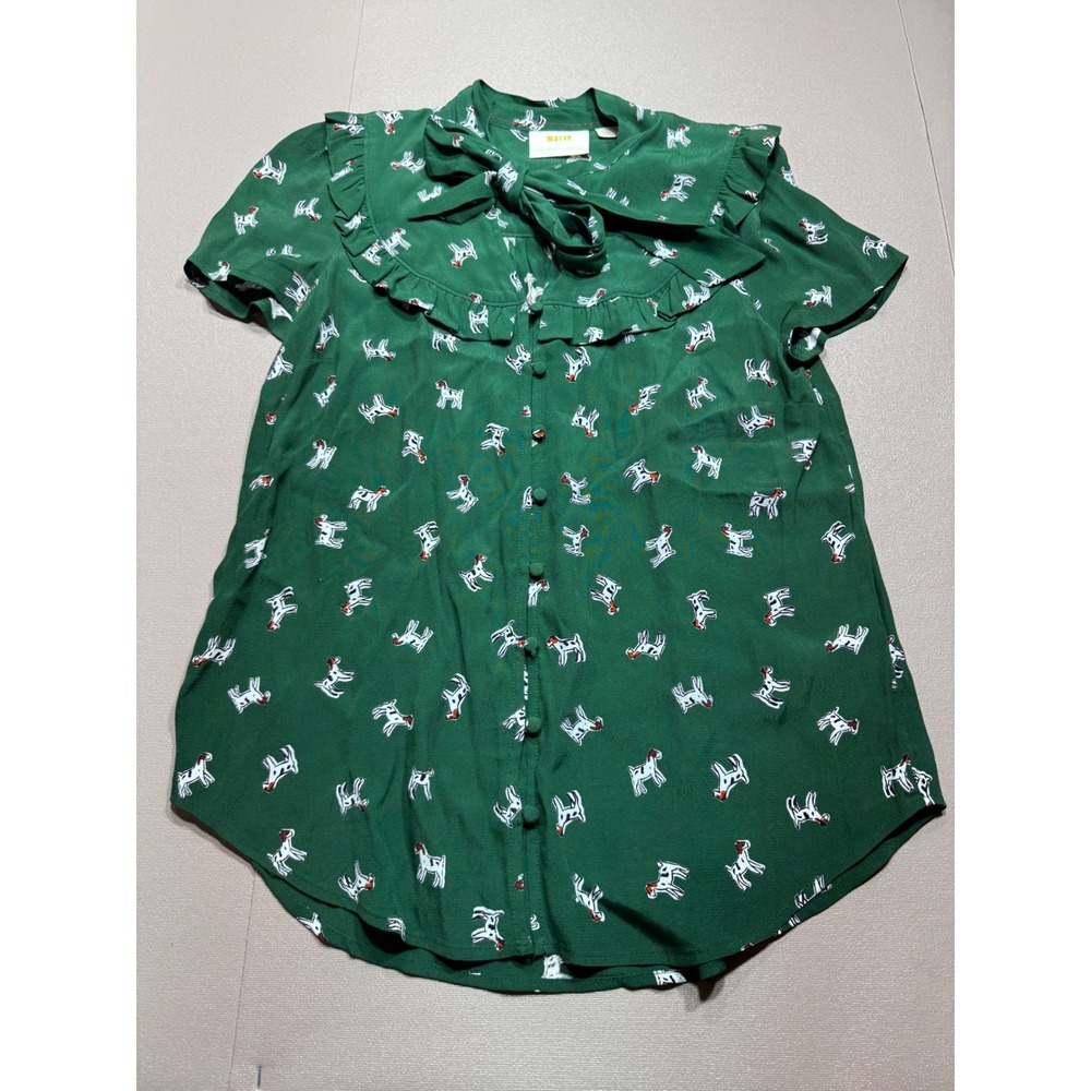 Maeve Anthropologie Green Dog Print Ruffle Tie Neck Blouse XS Short Sleeve Top - Picture 1 of 10